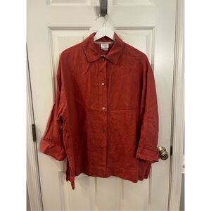 go lightly Alexandra Coral Rust Linen 3/4 Sleeve Lagenlook Button Up Shirt O/S E
